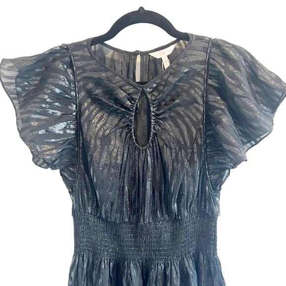 NWT Rebecca Taylor $595 Silk Metallic Ruffle Sleeve Safari Midi Dress - Picture 3 of 9